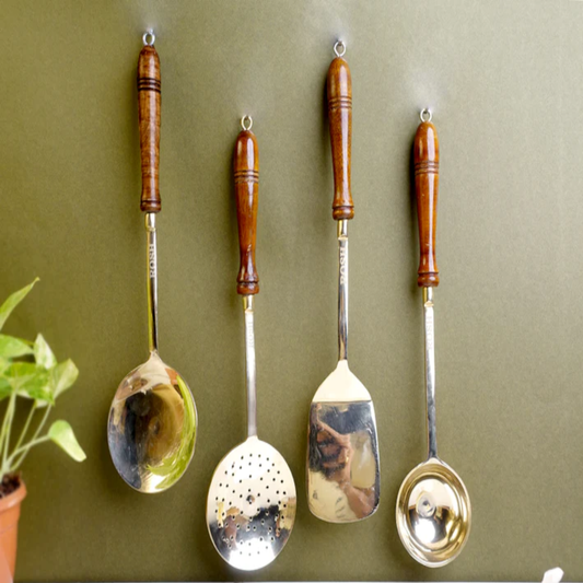 Laddle - Wooden Handle - Bronze - Vintage Style - Combo - Set of 4 .