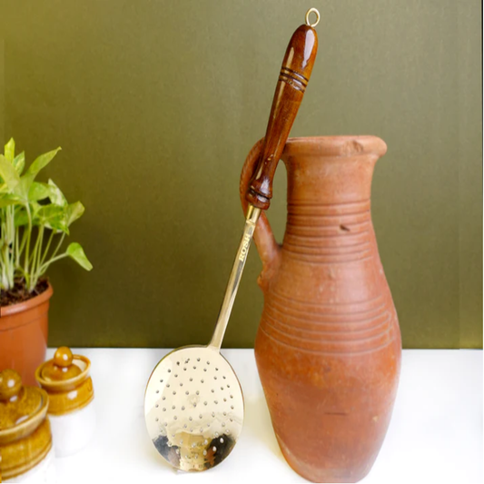 Laddle - Wooden Handle - Bronze - Vintage Style. (Jalli Karandi) .