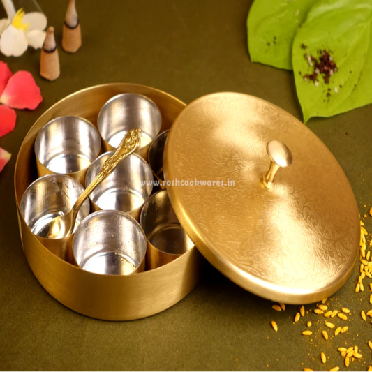 Spice Box - Pooja Box - Brass - Mat Finish - Floral .